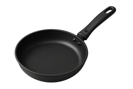 Black frying pan with non-stick coating on transparent background