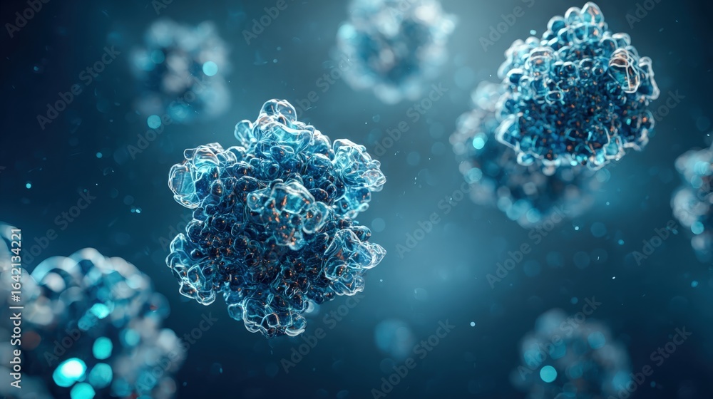 Aufkleber complex blue molecular structures floating in a dark abstract space with luminous highlights and det