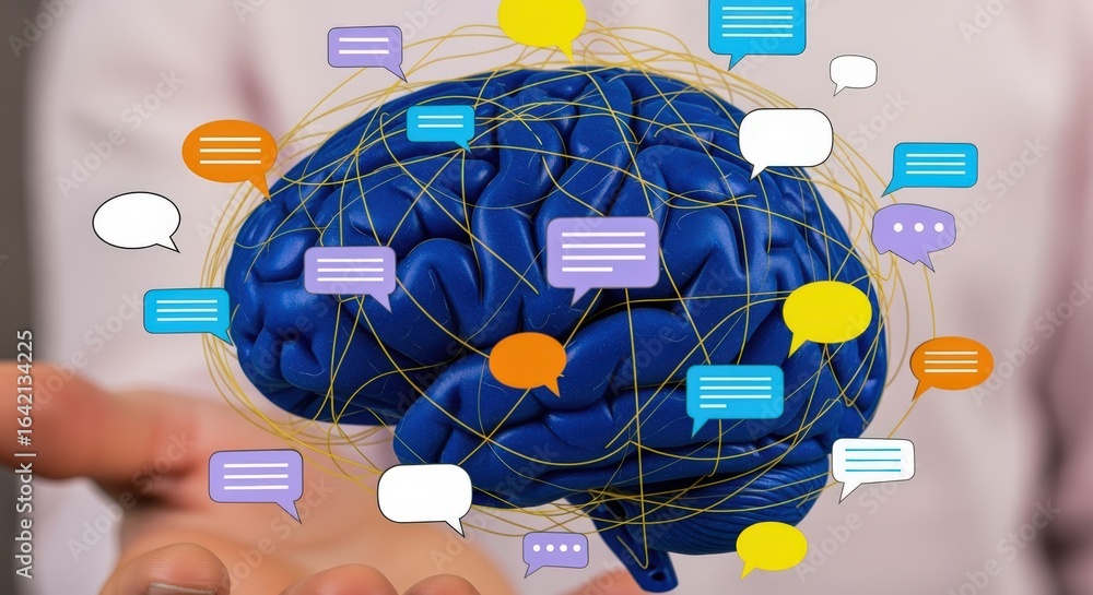 Poster brain communication network concept: person holding digital brain with speech bubbles representing t
