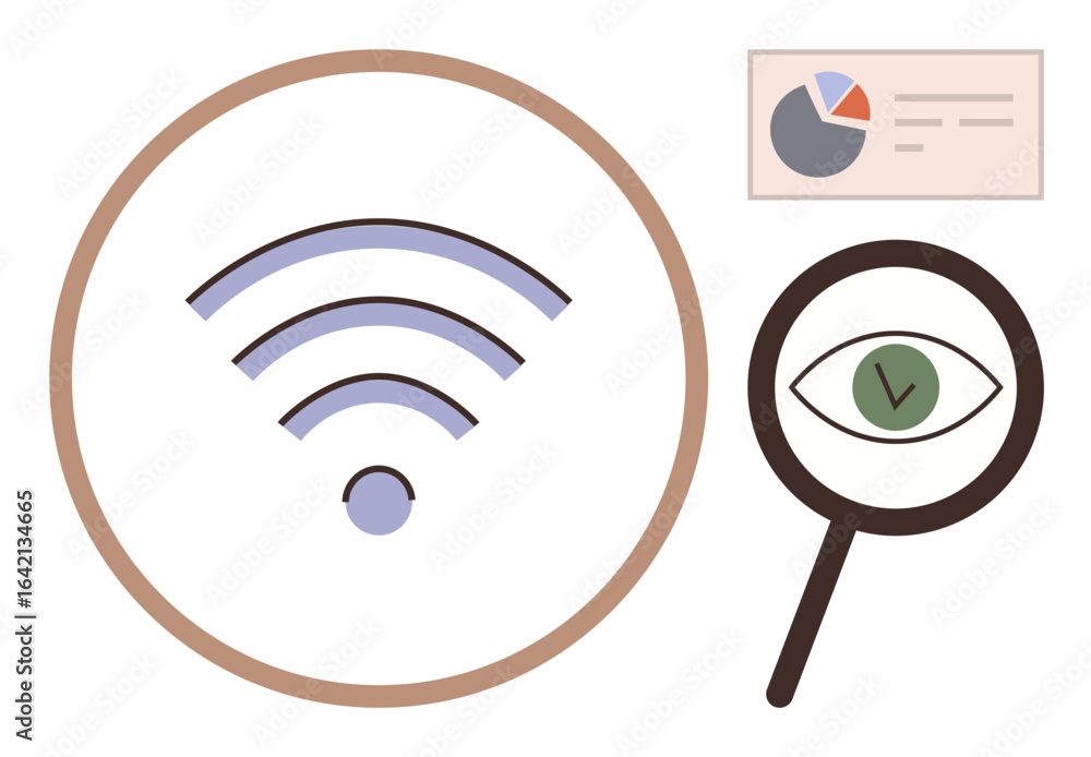 Poster wireless signal inside circle, magnifying glass with green eye, data chart with pie graph. ideal for