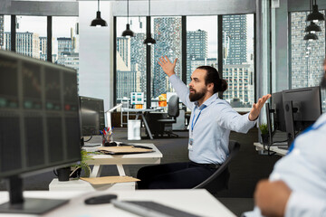 Trader distressed by stock market crash triggered by Black Swan event causing drops in share prices. Financial expert frustrated by recession news decreasing market liquidity and causing losses
