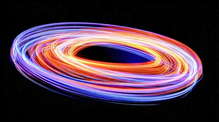Abstract Light Painting: Dynamic Circular Motion with Blue, Orange, and Purple Trails Against Black Background