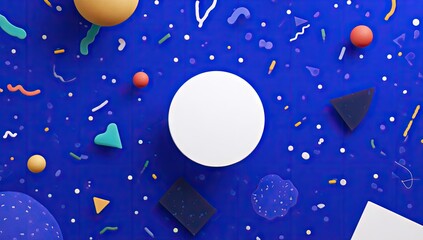 Colorful abstract shapes on a vibrant blue background.