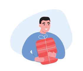 A smiling man holding a gift box. Vector flat graphics.
