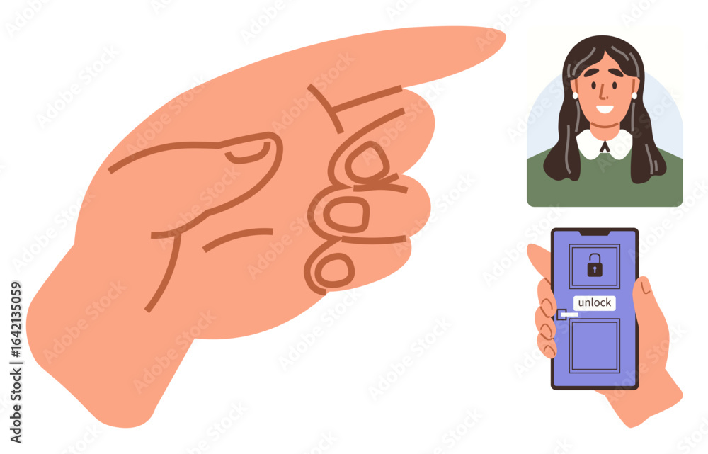 Aufkleber hand pointing at users face icon, smartphone displaying biometric unlock with lock symbol. ideal for
