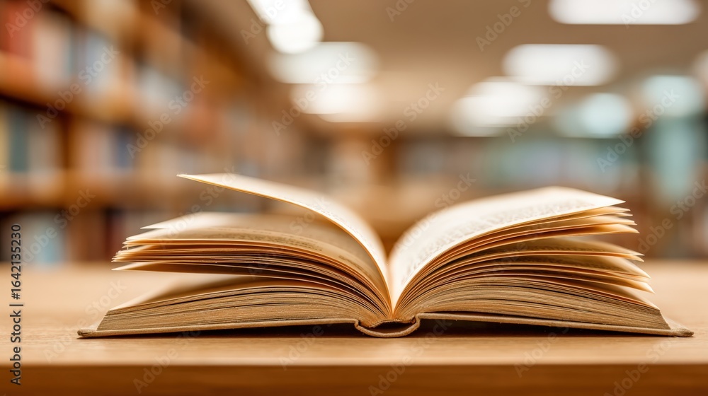 Poster open book on desk in library setting with blurred background - education and learning