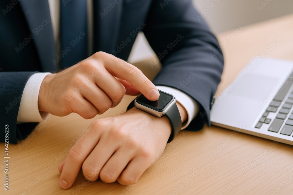 Poster man using smartwatch on wrist in office, checking notifications or activity tracking during workday
