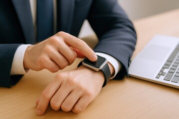 Man Using Smartwatch on Wrist in Office, Checking Notifications or Activity Tracking During Workday