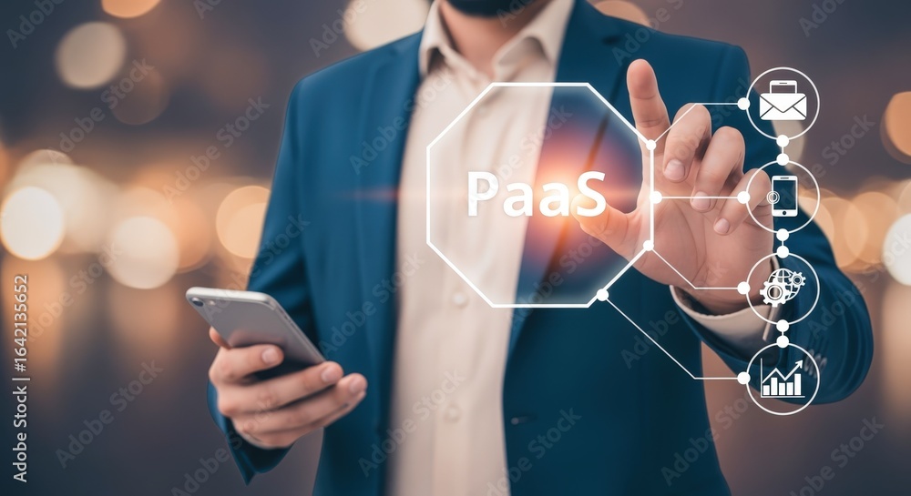 Poster paas platform as a service concept: businessman interacting with cloud-based technology interface fo