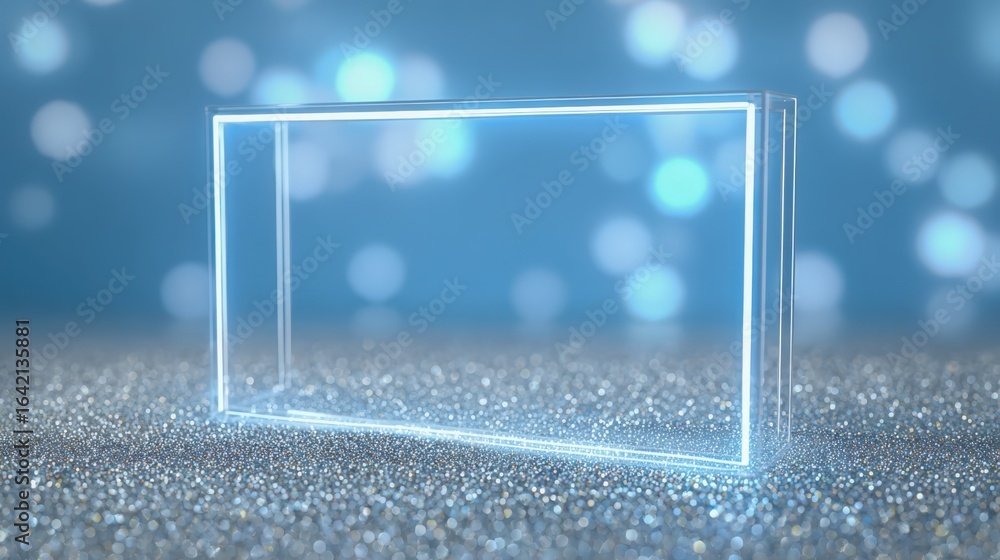 Poster abstract glowing rectangle frame on glitter surface with bokeh lights background for product showcas