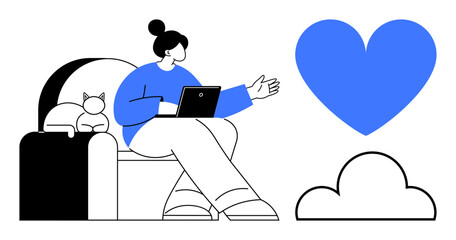 Woman sitting on armchair with a laptop, cat resting beside her, cloud and blue heart symbol. Ideal for remote work, comfort, self-care, technology, connection, relaxation simple landing page