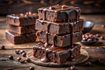 A stack of decadent chocolate brownies drizzled with chocolate sauce, sitting on a wooden board, with more brownies and chocolate balls in the background