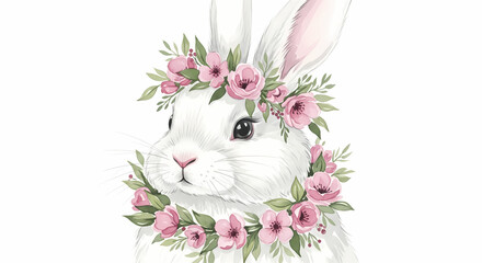 Cute White Easter Bunny with Pink Flower Wreath

