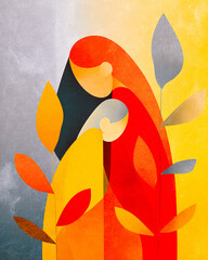Bittersweet Surrealism graphic style: gentle embrace between two different beings, symbolizing trust and support in hard times