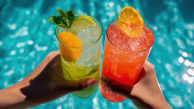 Refreshing Cocktails Toasting Over Sparkling Blue Pool Water, Enjoying Summer Vacation and Festive Relaxation