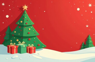 Flat illustration of Christmas scene featuring decorated trees, snow-covered ground, and gift boxes on a bright red background