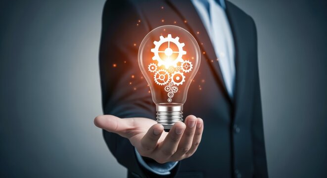 Business Innovation Concept: Businessman Holding Light Bulb with Gears, Representing Ideas and Solutions for Success - Powered by Adobe