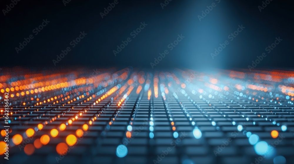 Poster abstract data grid with glowing nodes representing information technology, processing, and connectiv
