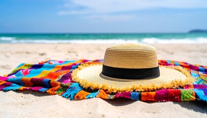 Beach straw hat on colorful towel