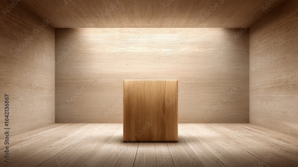 Poster minimalist wooden cube in illuminated room: abstract display for product showcase and mockup present