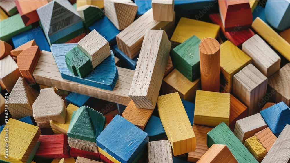 Poster a pile of wooden blocks in various colors. some are square, some are triangular, and some are round