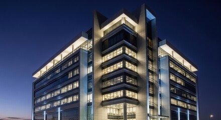Architectural Design of a Business Center at Dusk