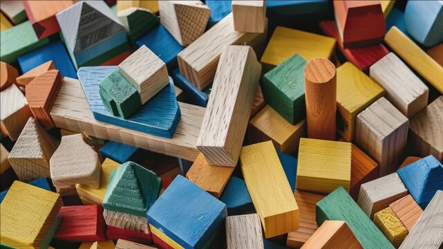 A pile of wooden blocks in various colors. Some are square, some are triangular, and some are round