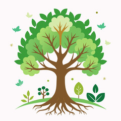 Fototapeta premium Minimalist Majestic Tree with Roots and Woodland Creatures, Isolated Vector
