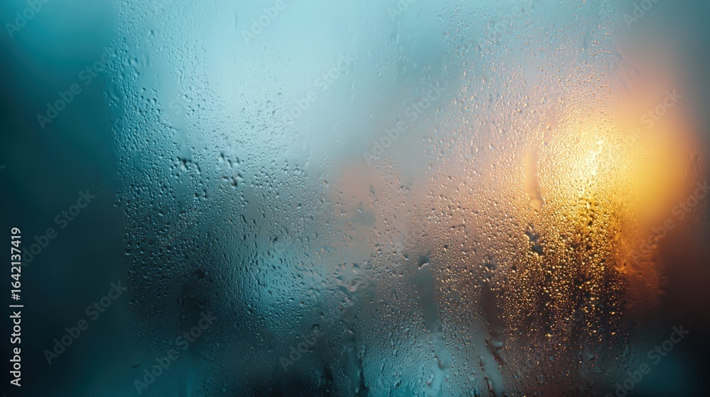 Poster abstract image of water droplets on a window with blurred lights, creating a dreamy effect