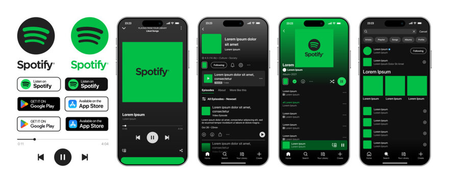 Modern Spotify playlist and playback screen mockup design showing digital streaming app interface in vector style
