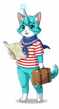 Cute Blue Cat with a Unicorn Horn and Suitcase
