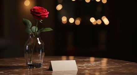 Elegant Red Rose in Vase with Blank Card on Table, Romantic Dinner Setting