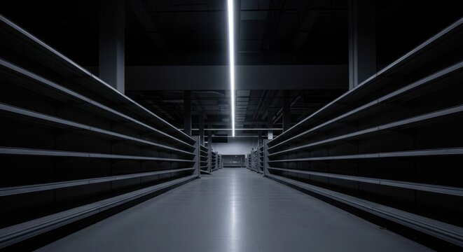 Desolate Aisle with Empty Supermarket Shelves