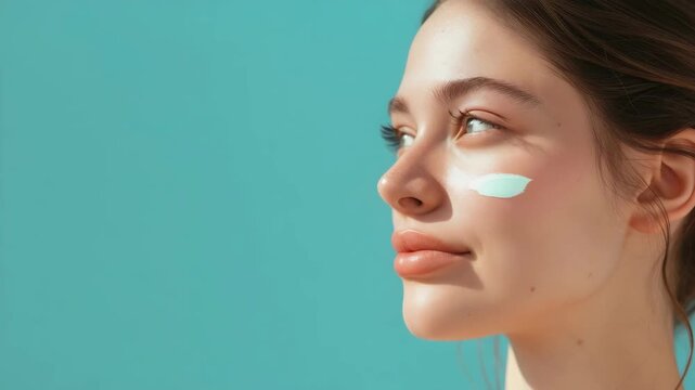 Glowing, radiant woman's face with sun protection, highlighting the effectiveness of her skincare and sunscreen.