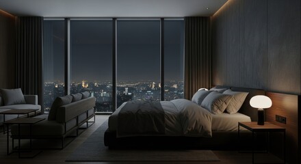 Elegant Bedroom with a Stunning Night City View