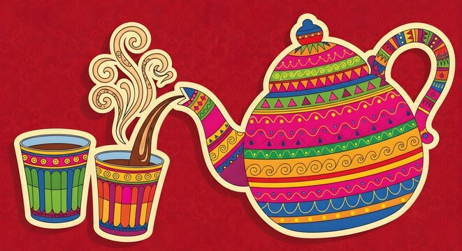 Illustration of colorful Indian truck art style teapot pouring chai.