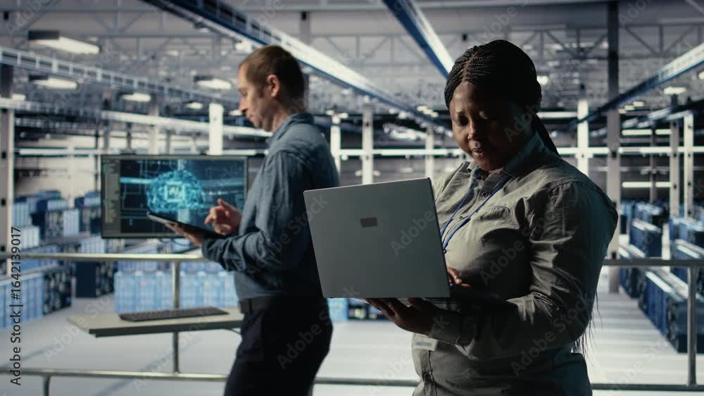 Poster data center admin monitors deep learning process with laptop, reviewing operational metrics. african