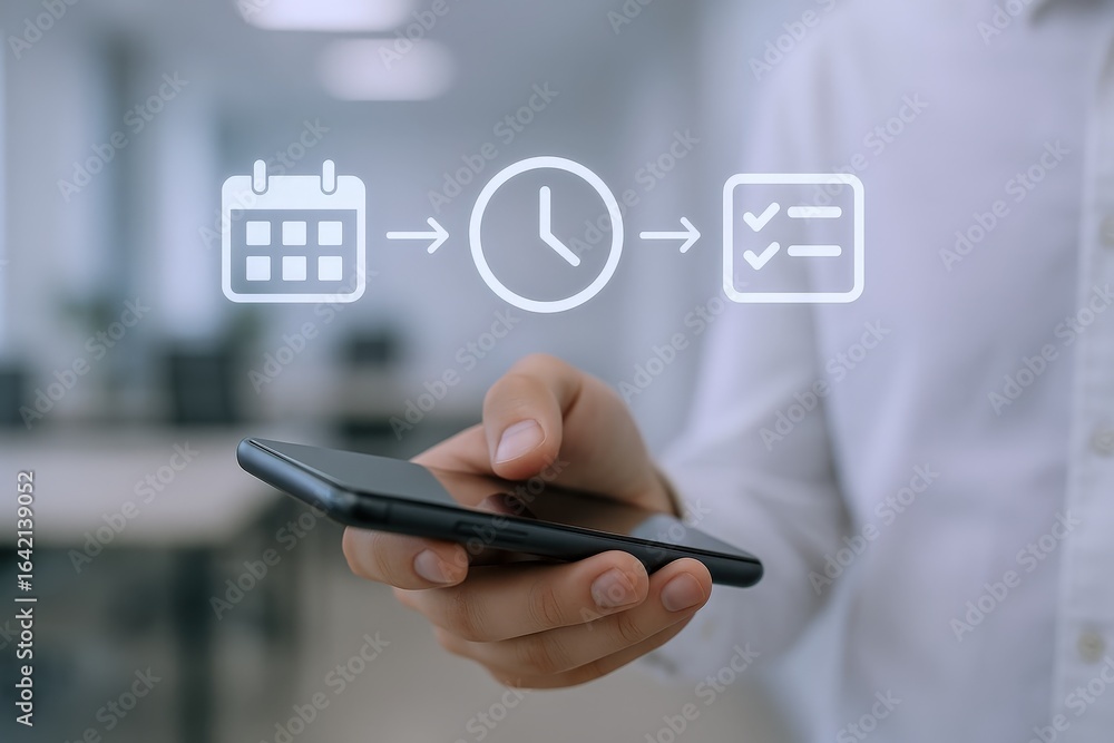 Poster man using smartphone for scheduling, appointment management, and task management to improve efficien