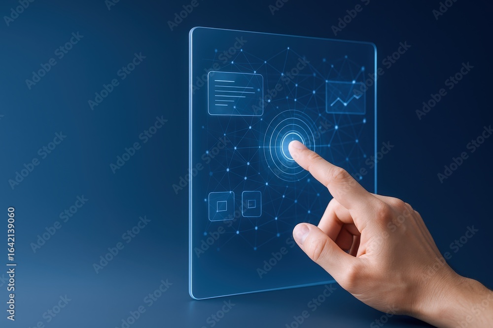 Poster futuristic technology interface concept: hand interacting with digital screen showing data, analytic