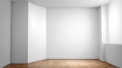 Fototapeta premium Empty White Room Interior with Wooden Floor, Perfect for Mockups and Presentations, Offering Clean and Modern Aesthetic