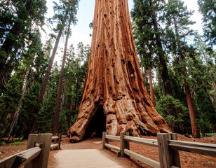 Massive redwood tree in forest landscape