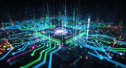 Futuristic CPU Processing Data on Circuit Board