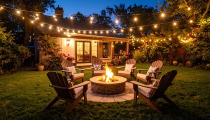 Backyard fire pit night scene