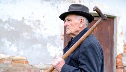Senior man with walking stick outdoors