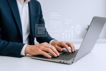 Professional businessman working on laptop with digital interface showing data analytics and global communication