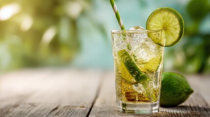 Fototapeta premium Refreshing Lime Cocktail with Ice Cubes and a Straw, Served on a Wooden Table