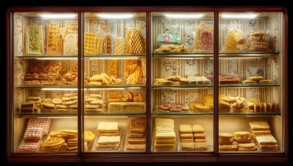 Display case filled with various baked goods.