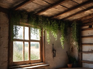 Bundles of herbs drying in rustic wooden barn sunlight