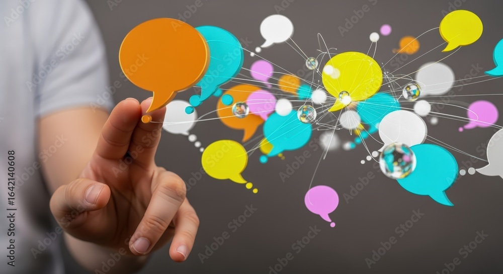 Poster communication network concept with colorful speech bubbles emerging from finger tip, illustrating co