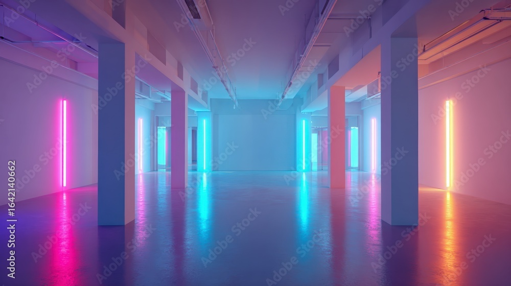 Poster abstract neon light installation in empty industrial space with concrete columns and polished floor